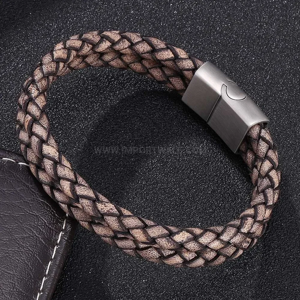 Vintage Stainless Steel Magnetic Clasp Leather Wristband Accent