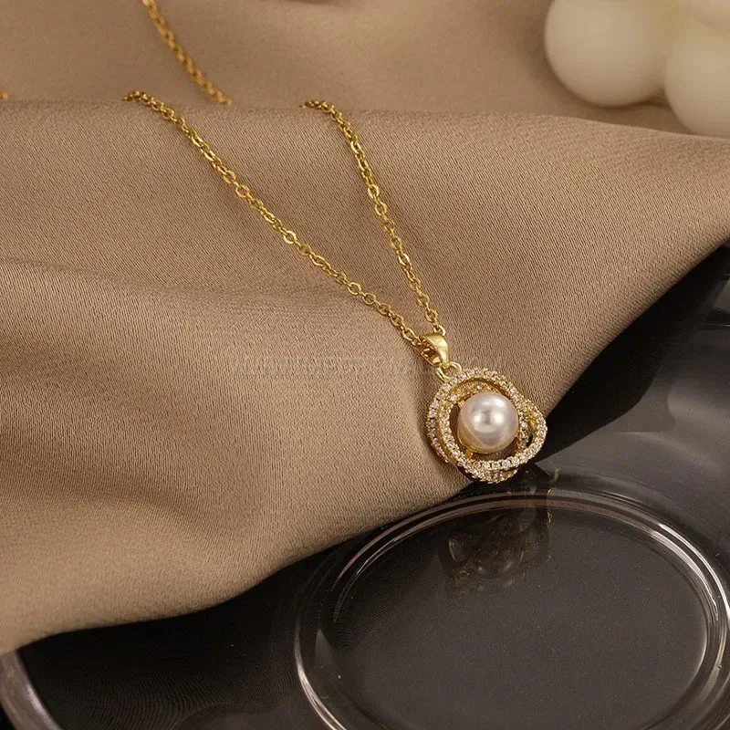 Stylish Titanium Steel Celestial Planet Pearl Pendant Necklace