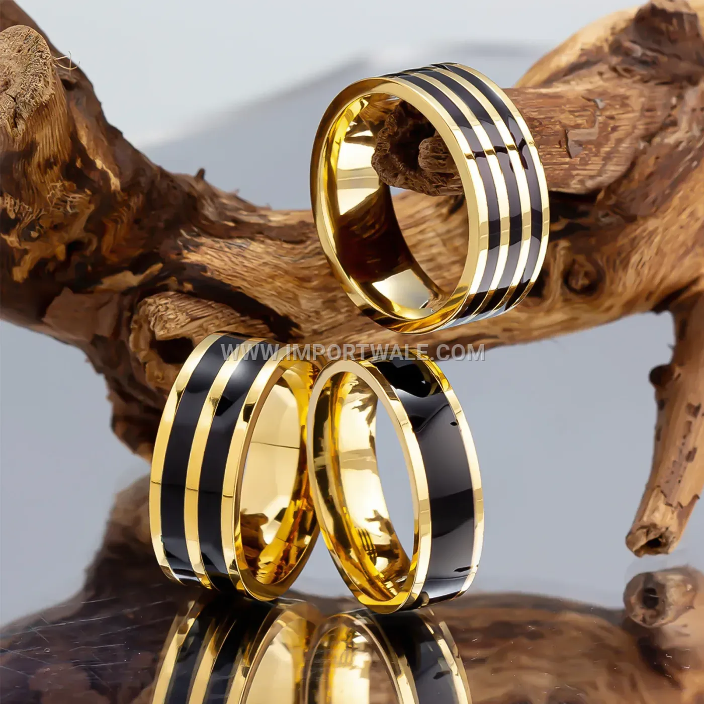 Gold-Plated Stainless Steel Black Enamel Inlay Ring