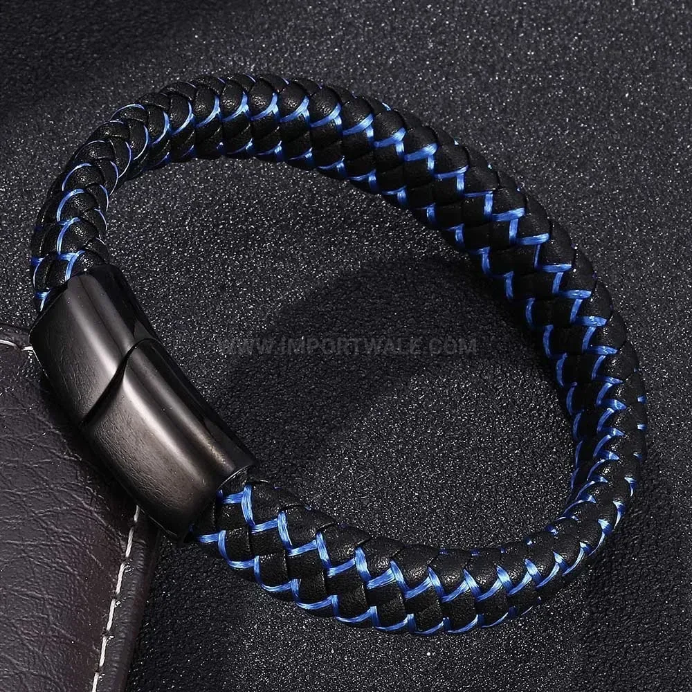Dual Tone Leather Cord Wristband with Stainless Steel Magnetic Clasp
