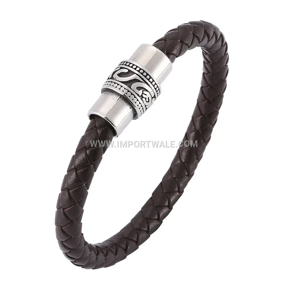 Braided Leather Wristband with Vintage Stainless Steel Magnetic Clasp