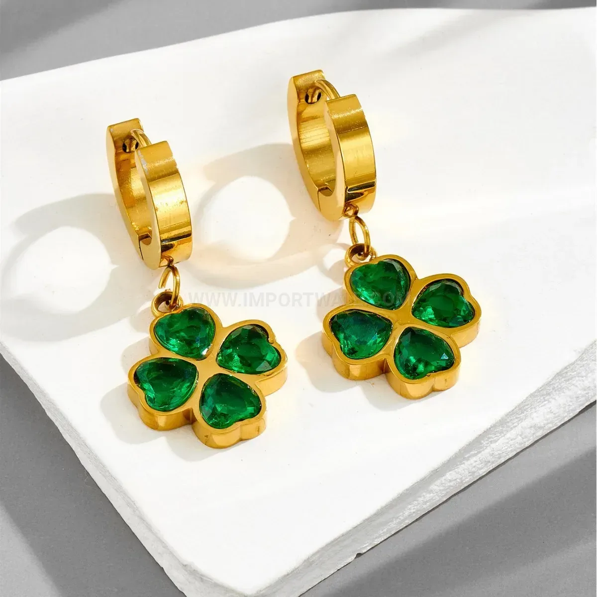 Emerald Zircon Heart Four Leaf Clover Titanium Steel Jewelry Set