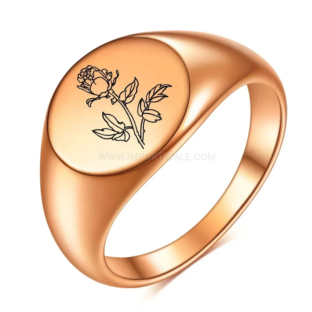 Modern Laser Engraved Rose Motif Polished Stainless Steel Ring