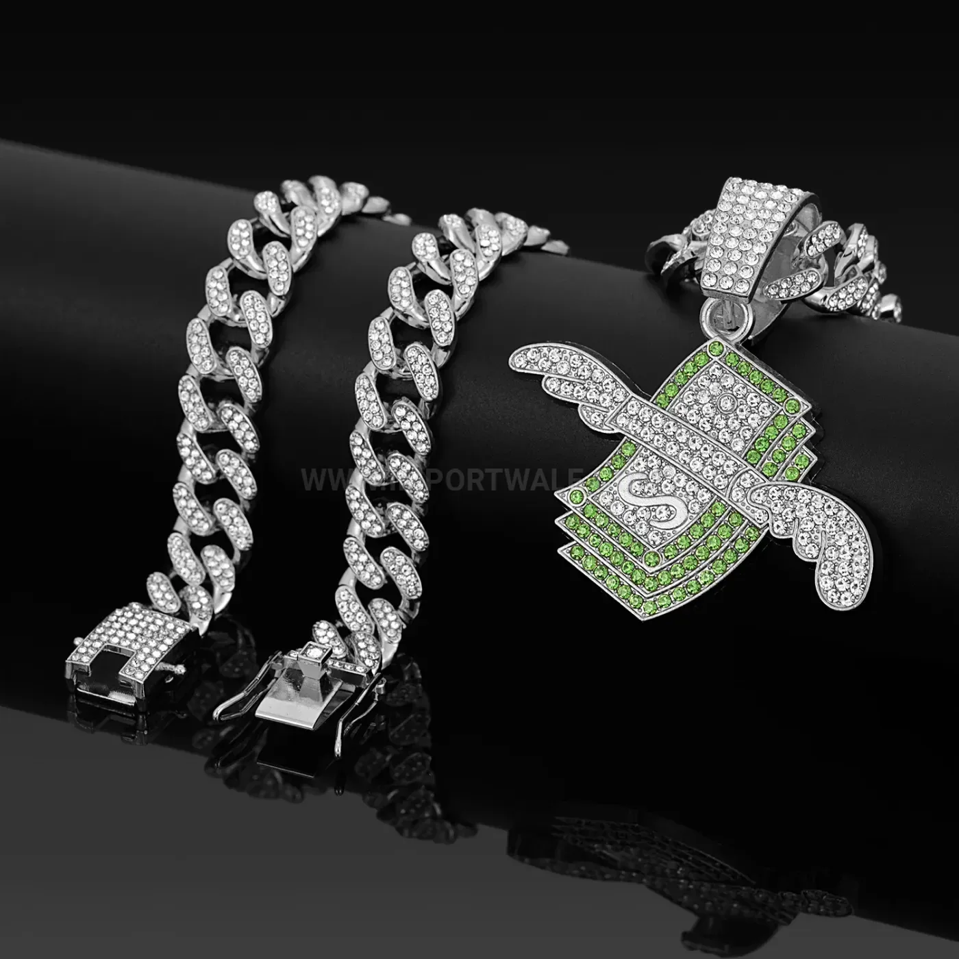 Flying Wings Dollar Symbol Rhinestone Pendant Necklace
