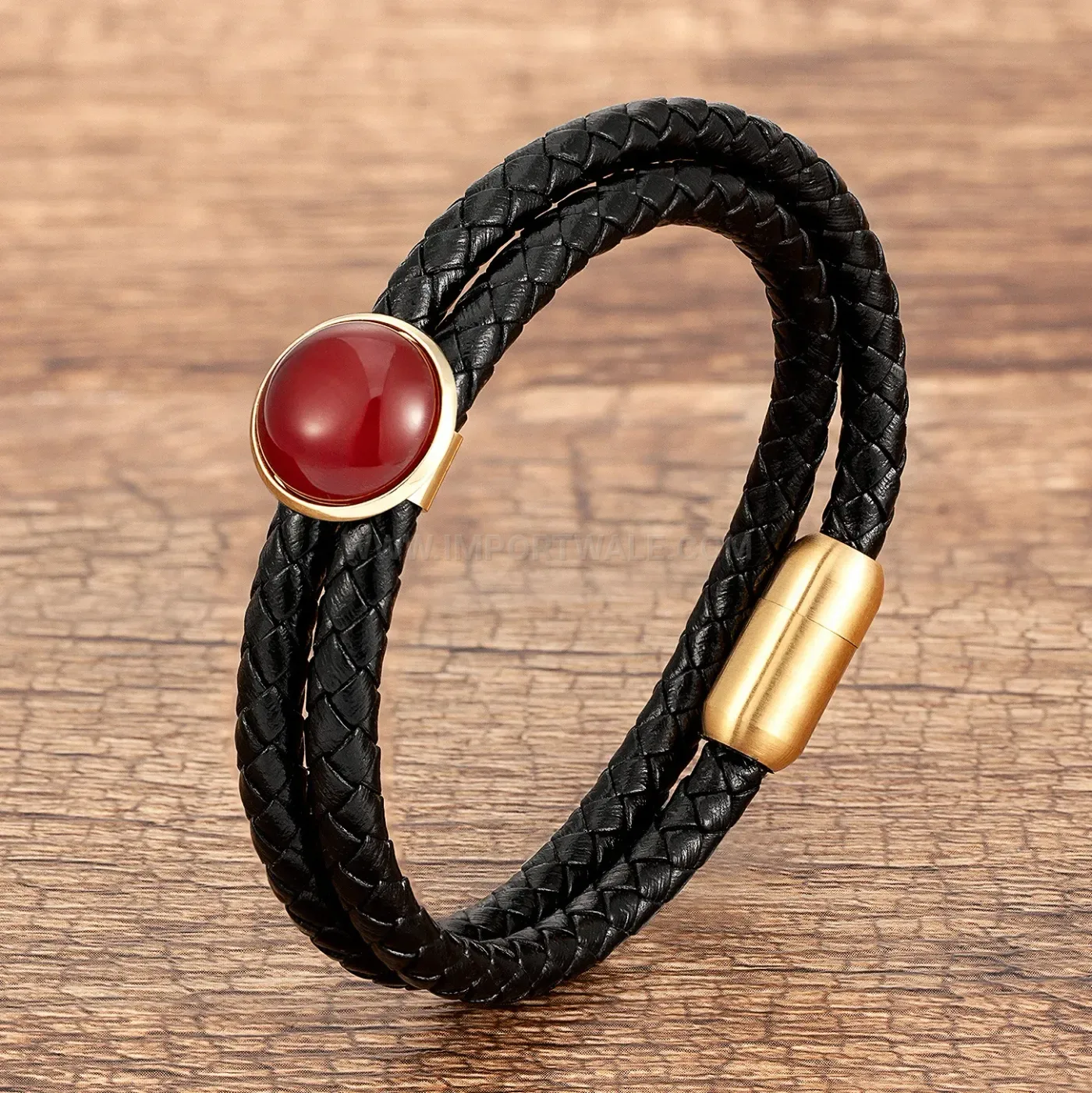 Double Layer Woven Leather Stone Bracelet with Magnetic Clasp