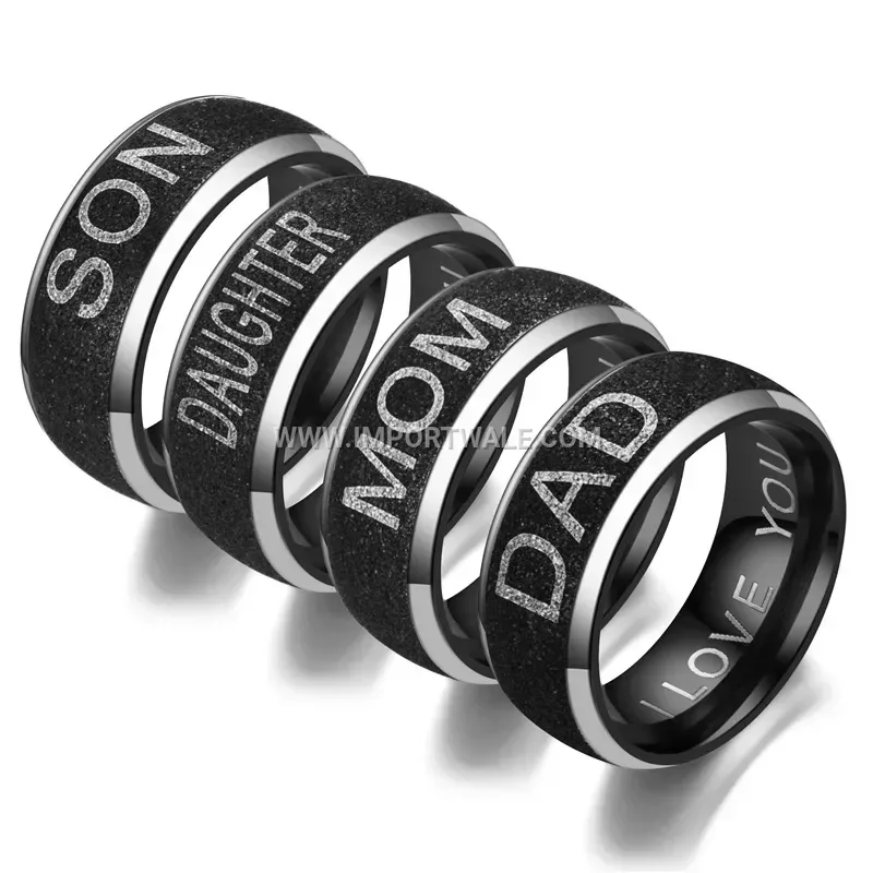 Black Stainless Steel Family Engraved Minimalist Ring