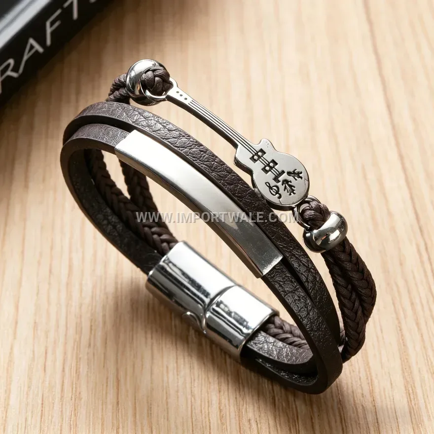 Multi-Layer Braided PU Leather Guitar Charm Bracelet