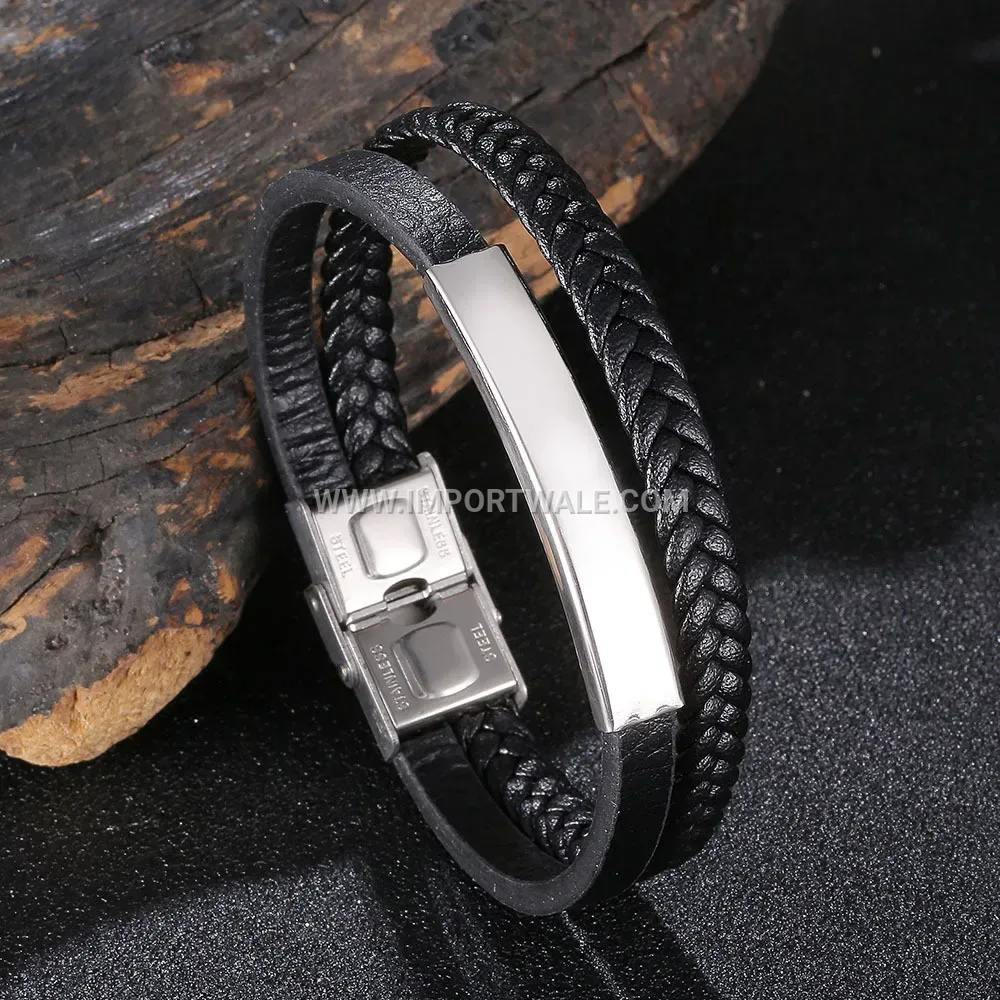 Minimalist Engravable Leather Cuffed Bracelet with Stainless Steel Detail