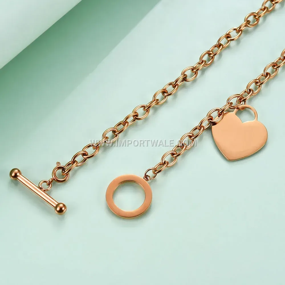 Rose Gold Plated Laser Engraved Initial Heart Toggle Chain Necklace