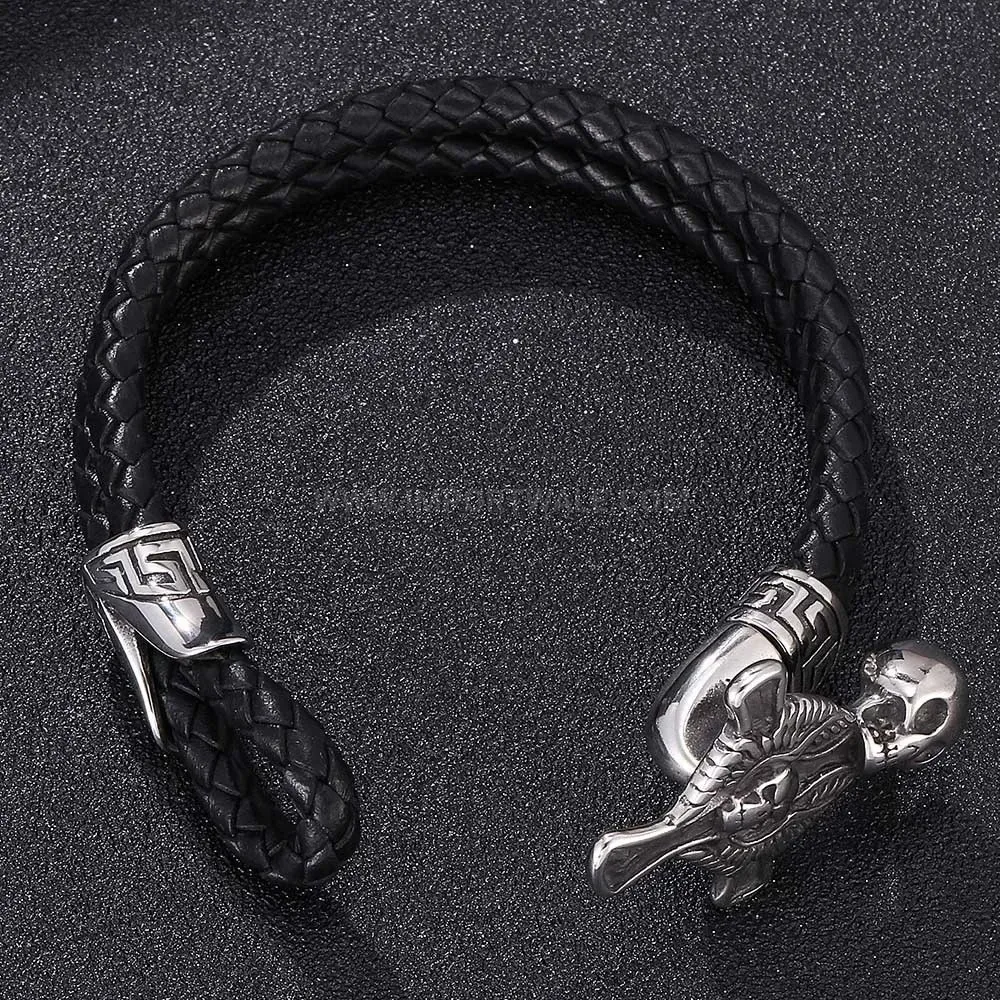 Braided Leather Stainless Steel Skull Cross Men Bracelet