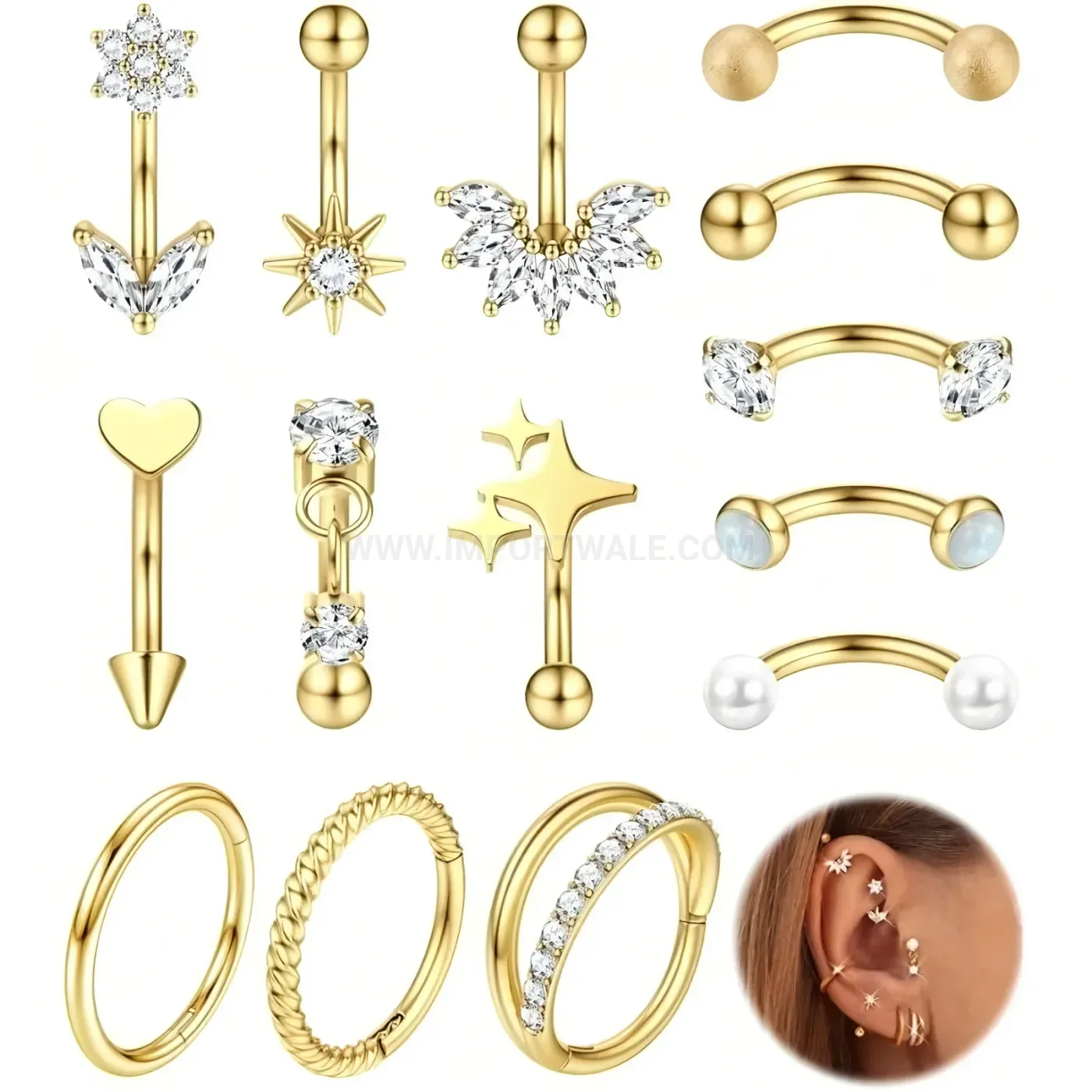 Trendy Stainless Steel Rhinestone Multi Element Body Piercing Stud Set