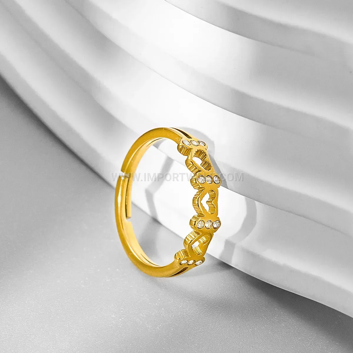 Rhinestone Heart Open Gold Plated Stainless Steel Ring