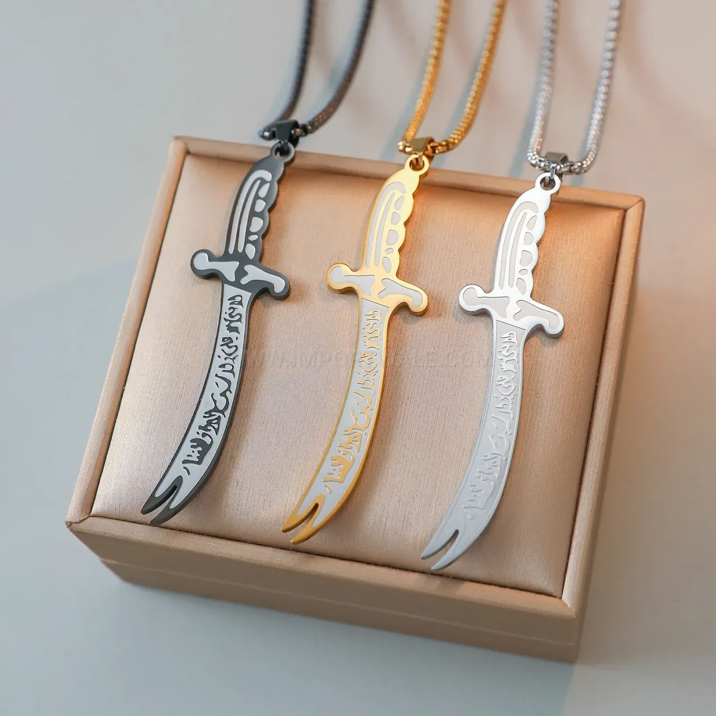 Elegant Plated Stainless Steel Calligraphy Zulfiqar Sword Pendant Necklace