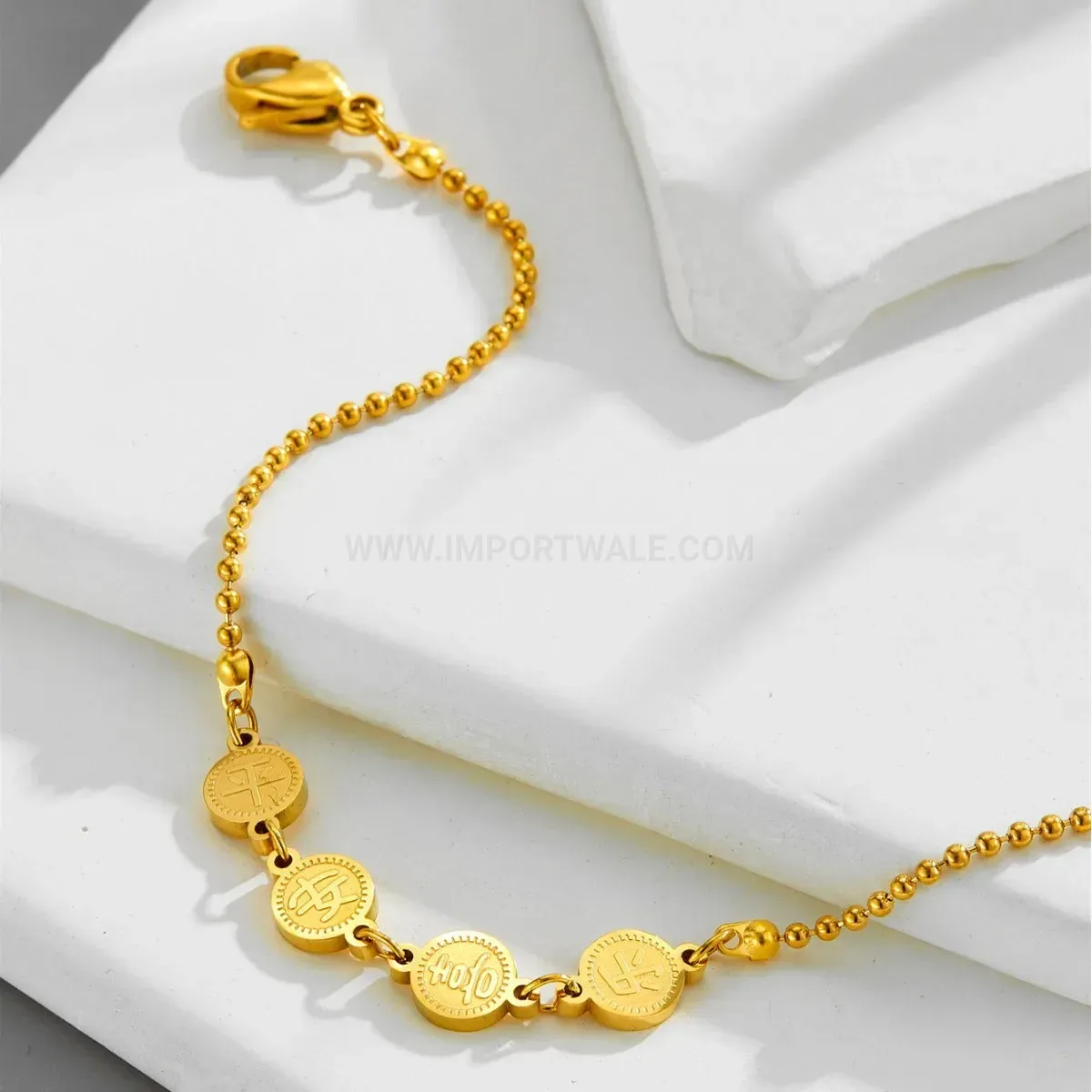 Gold Plated Stainless Steel Engraved Blessing Round Disc Pendant Bracelet