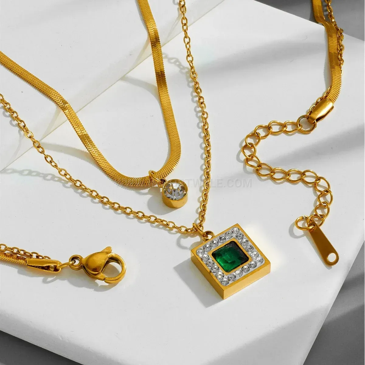 Premium Double Layer Titanium Steel Snake Chain Gemstone Pendant Necklace