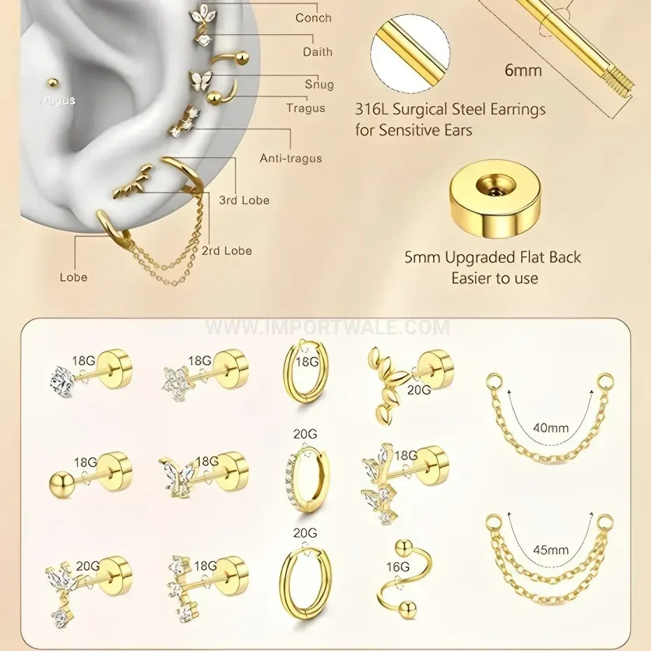 Chic Gold Plated Leaf Zircon Stainless Steel Earring Set