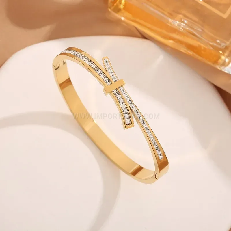 Fashion Polished Crystal Bow Accent Titanium Steel Bracelet