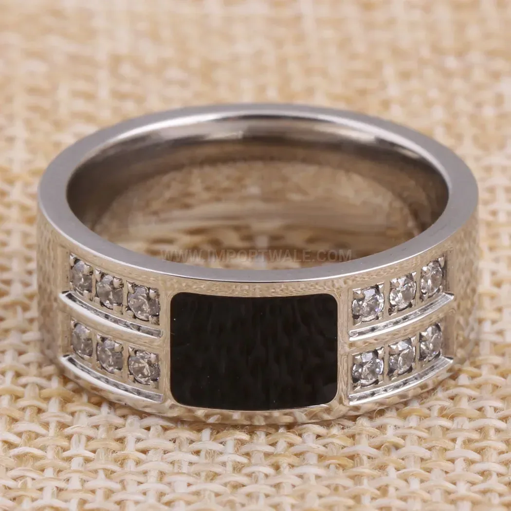 Black Enamel Stainless Steel Ring with Zircon Accent