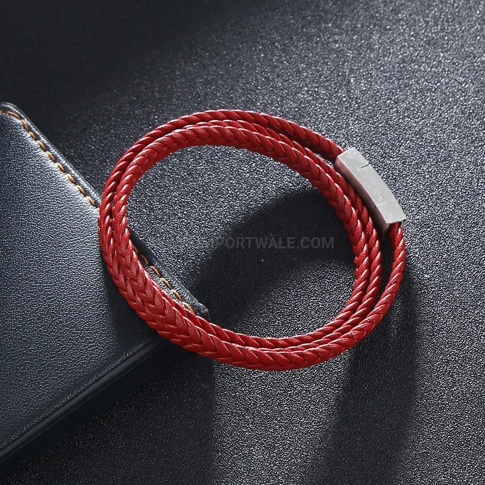 Double Wrap Braided Leather Stainless Steel Men Bracelet