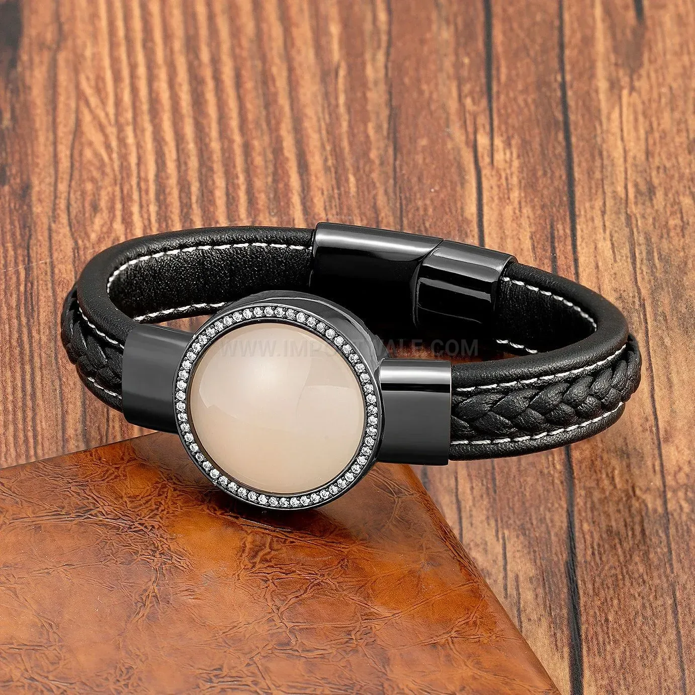 Vintage Leather Stone Bracelet with Zircon Inlay and Stainless Clasp