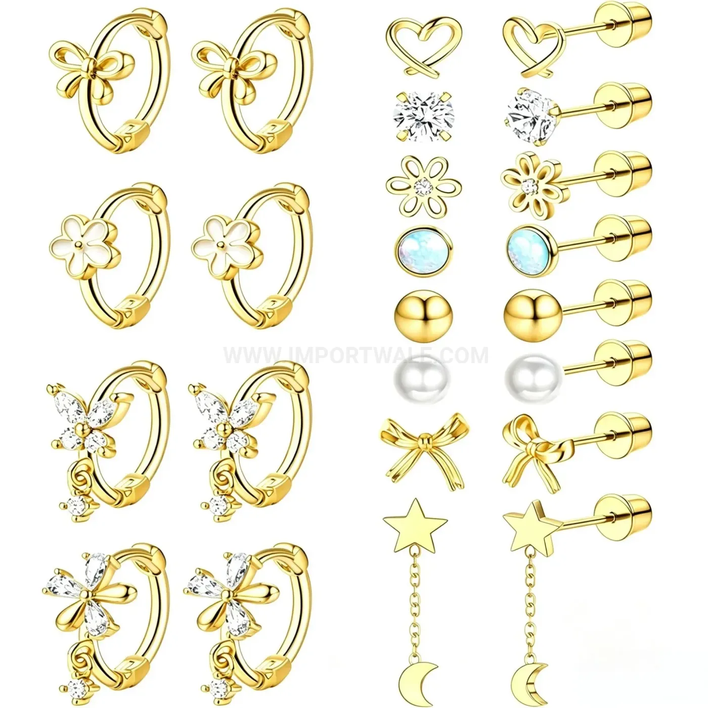 Stylish Stainless Steel Bow Floral Celestial Piercing Stud Earring Set