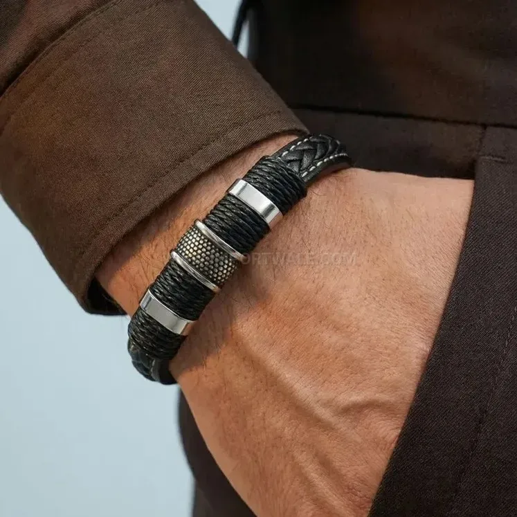Stylish Multi Layer Braided Leather Men Bracelet With Magnetic Clasp