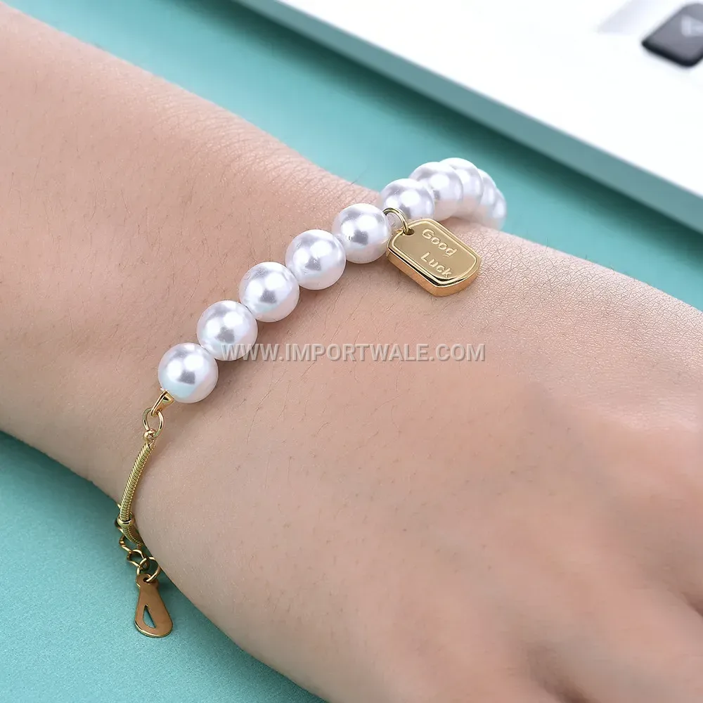Good Luck Inscribed Faux Pearl Snake Chain Bracelet