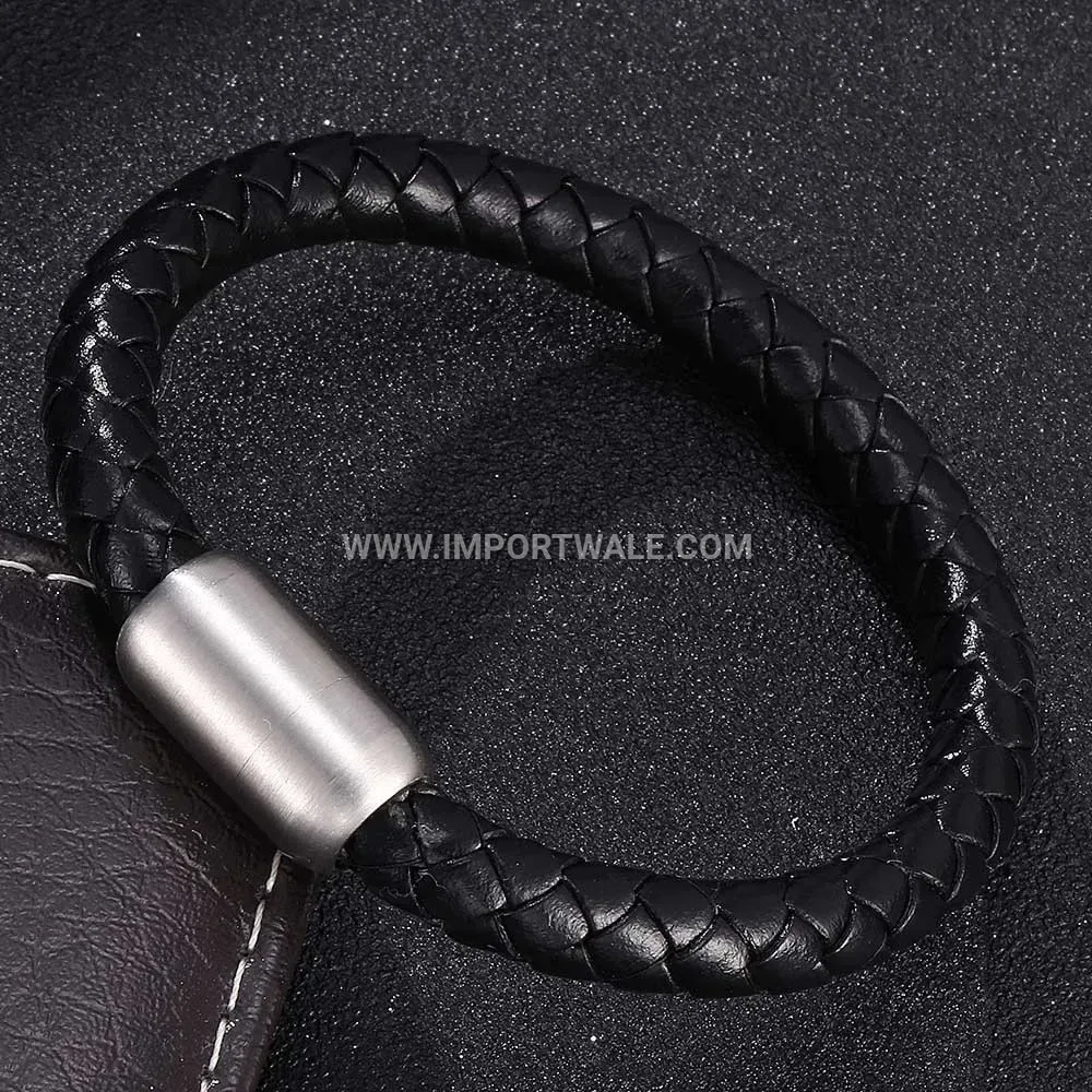 Retro Braided Leather Stainless Steel Magnetic Clasp Cuff Bracelet