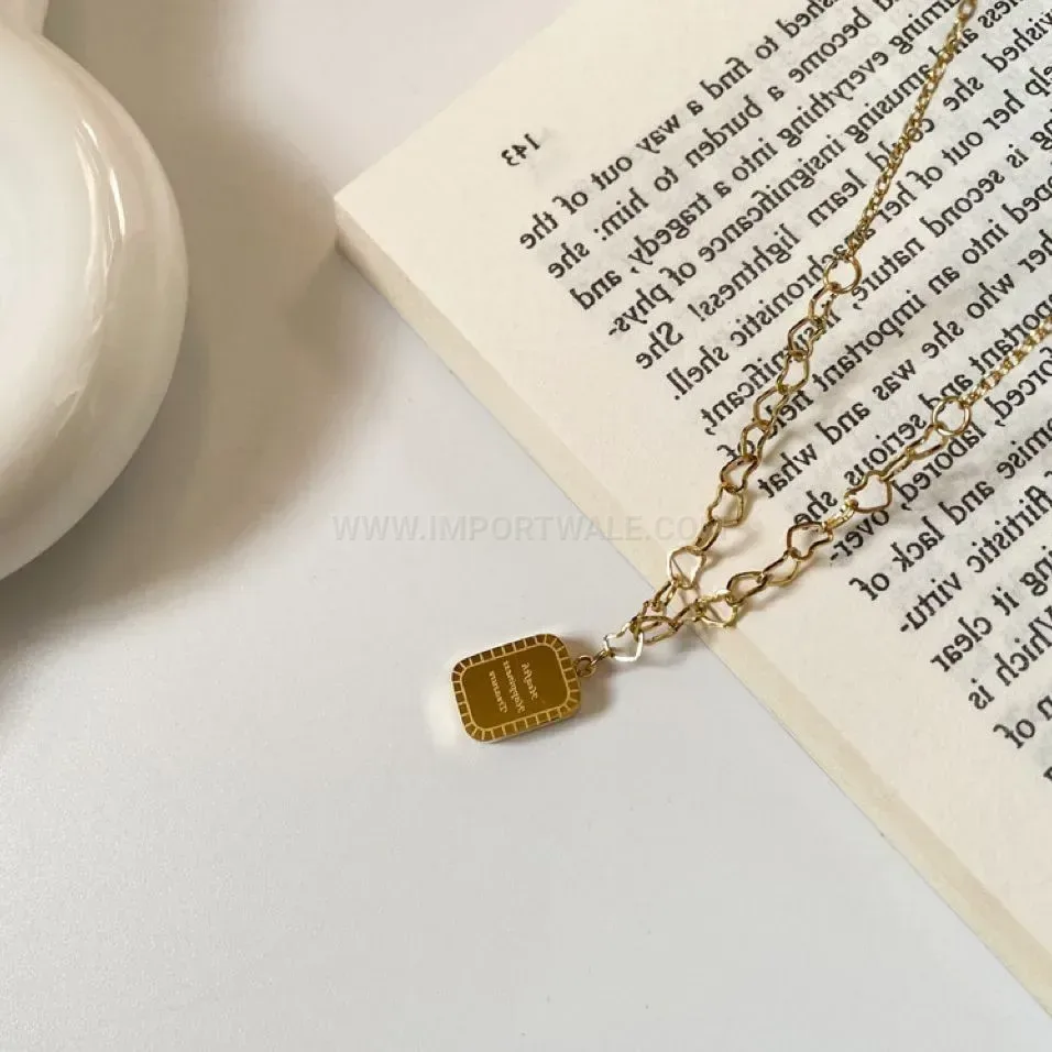 Modern Gold Plated Titanium Steel Heart Square Letter Tag Pendant Necklace