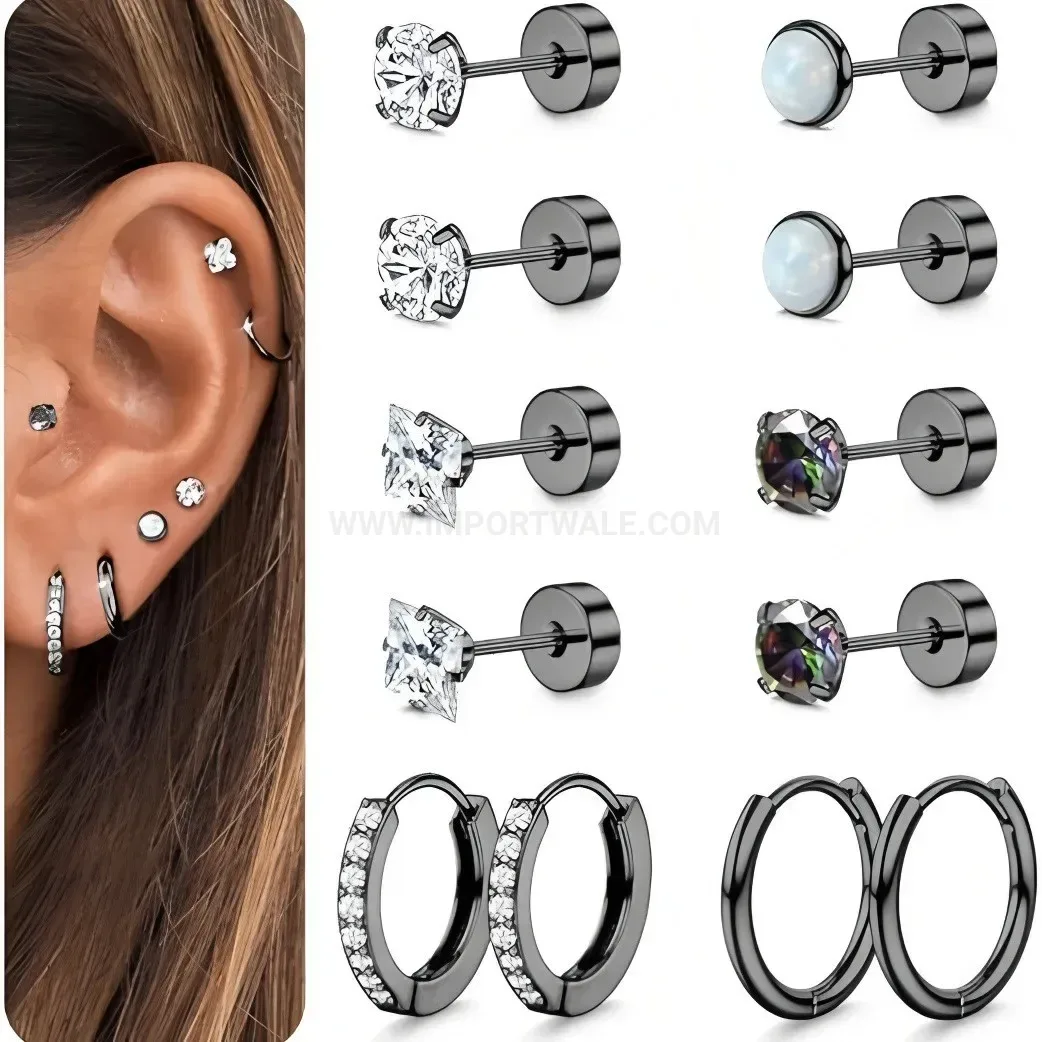 Fashion Stainless Steel Zircon Hoop And Stud Ear Piercing Set