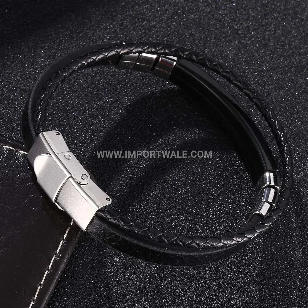 Multi-Strand Braided Leather Bracelet with Inlaid Steel Clasp