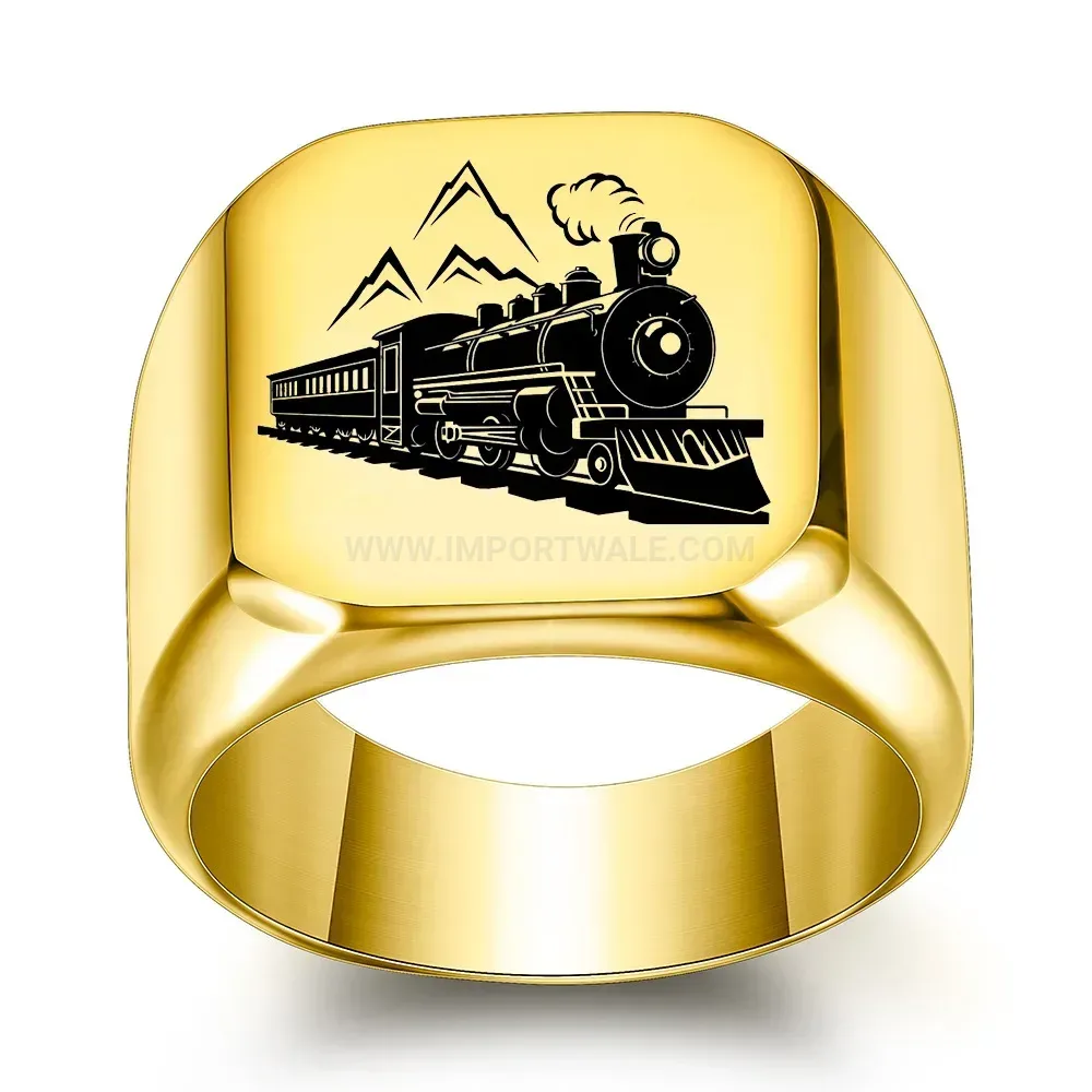 Elegant Engraved Train Motif Square Stainless Steel Signet Ring