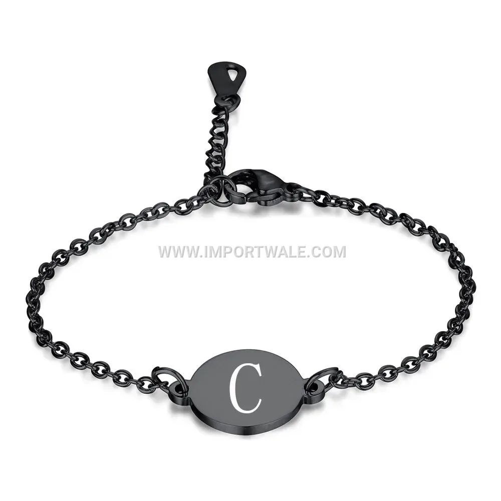 Black Stainless Steel Engraved Alphabet Disc Chain Bracelet