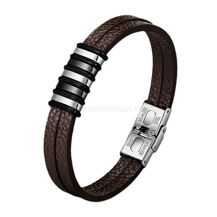 Trendy Sleek Microfiber Leather Bracelet With Stainless Accent
