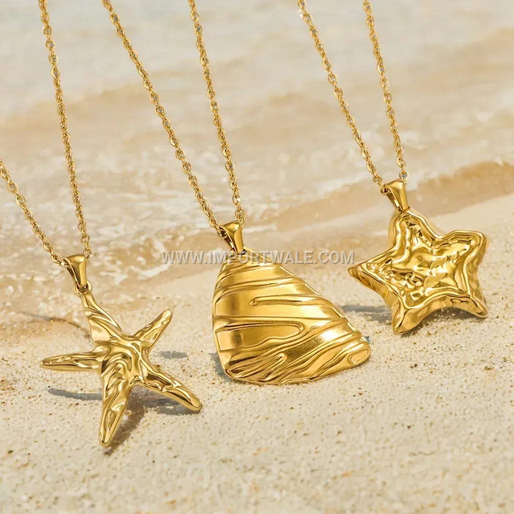 Embossed Shell Pendant Gold Plated Stainless Steel Necklace