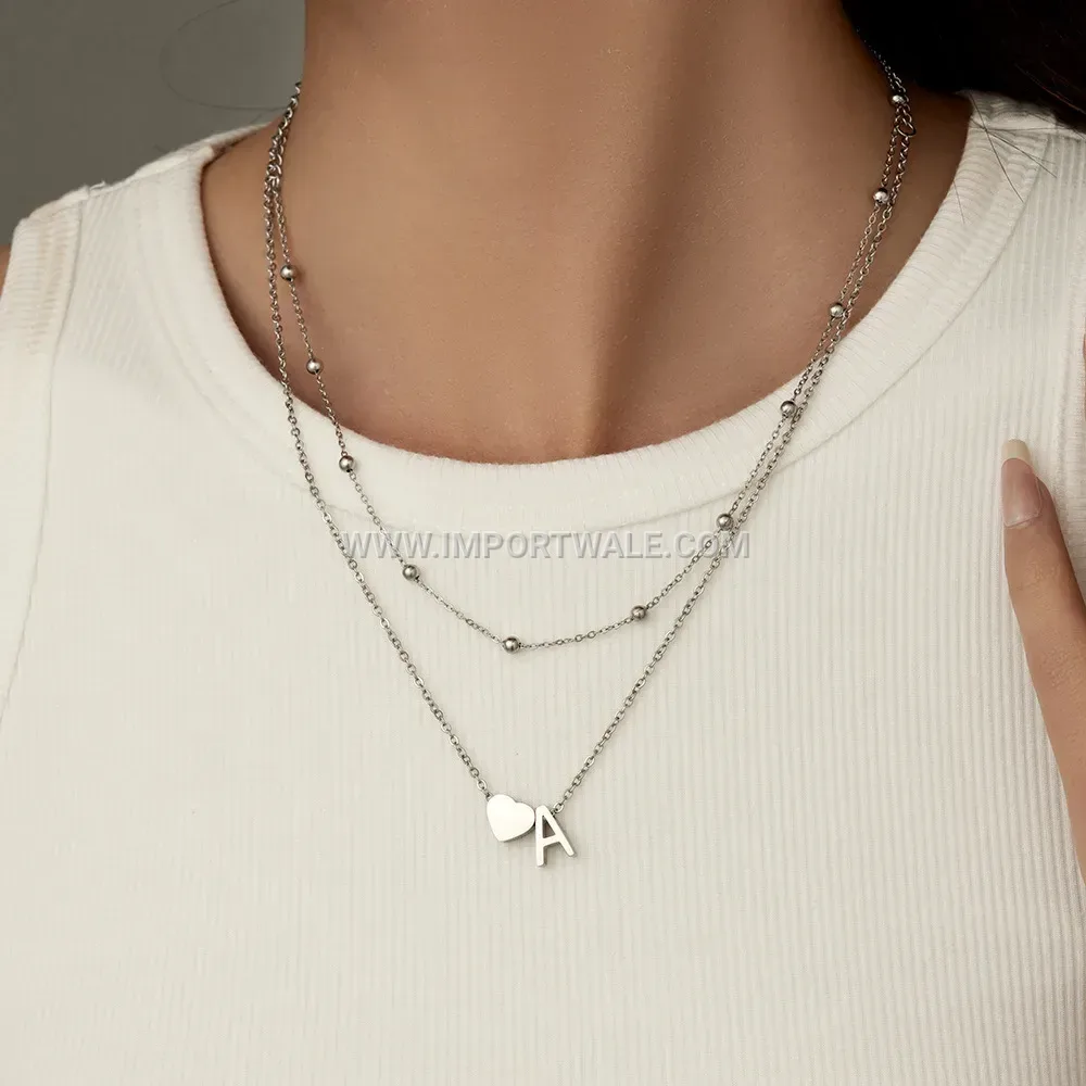 Stainless Steel Initial Pendant Double Strand Necklace