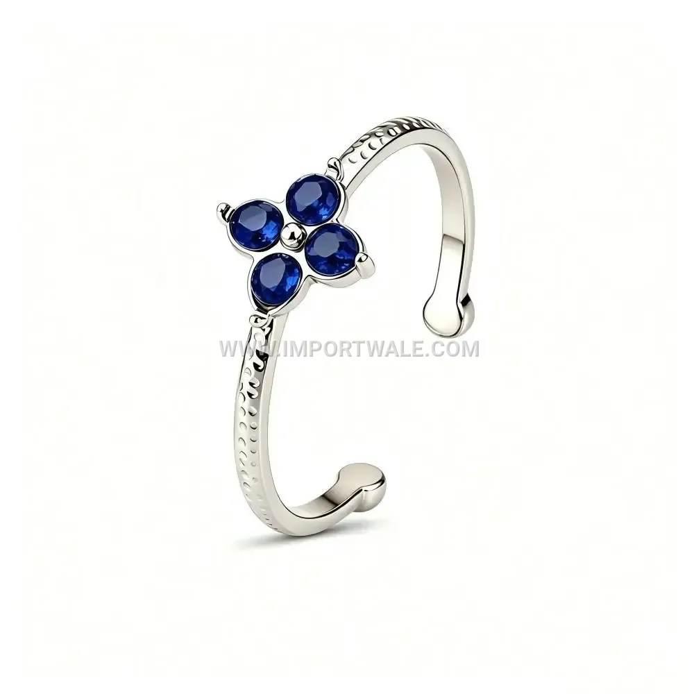 Hammered Textured Stainless Steel Open Floral Cocktail Ring With Zircon