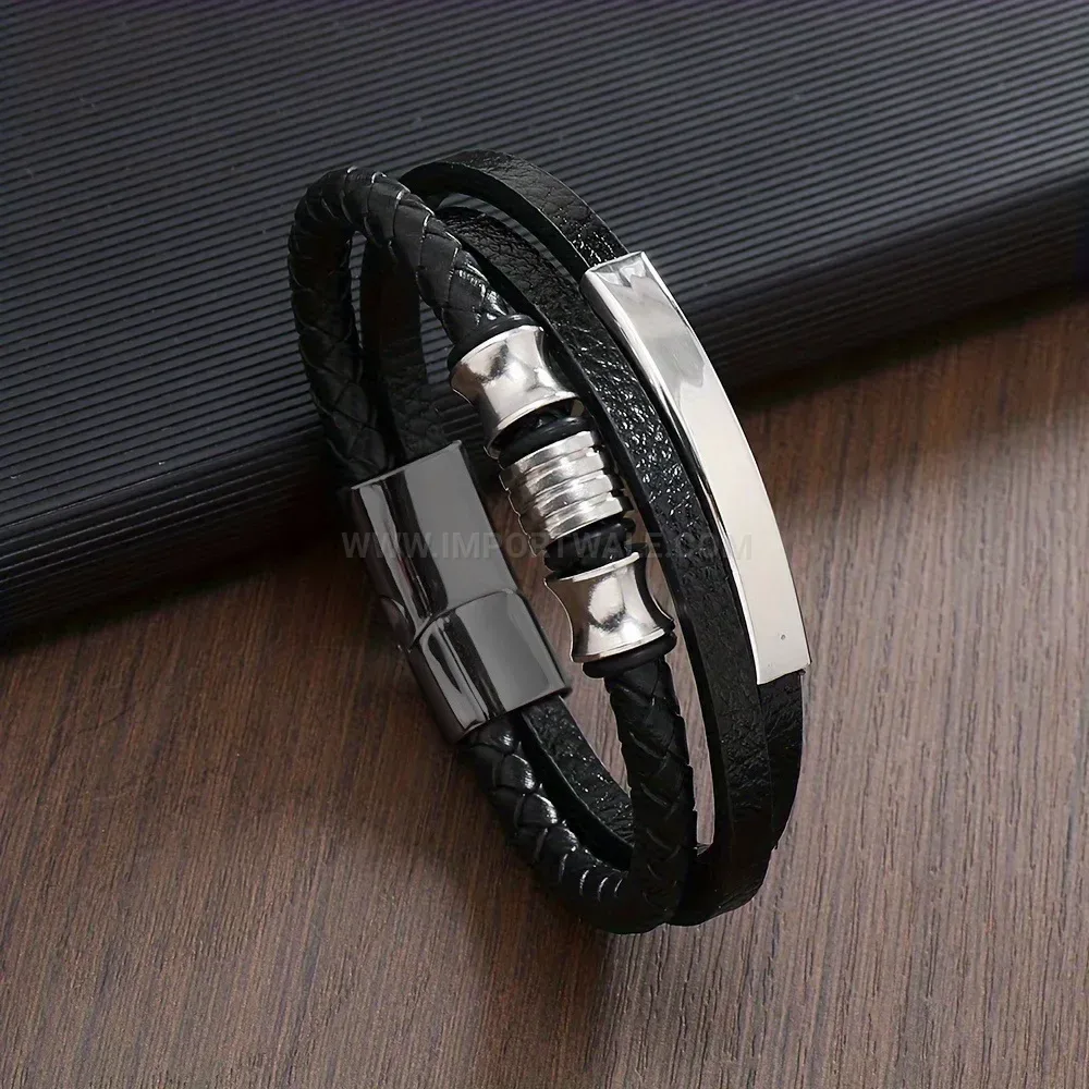 Designer Geometric Multi Layer Handcrafted Woven Leather Men Wristband