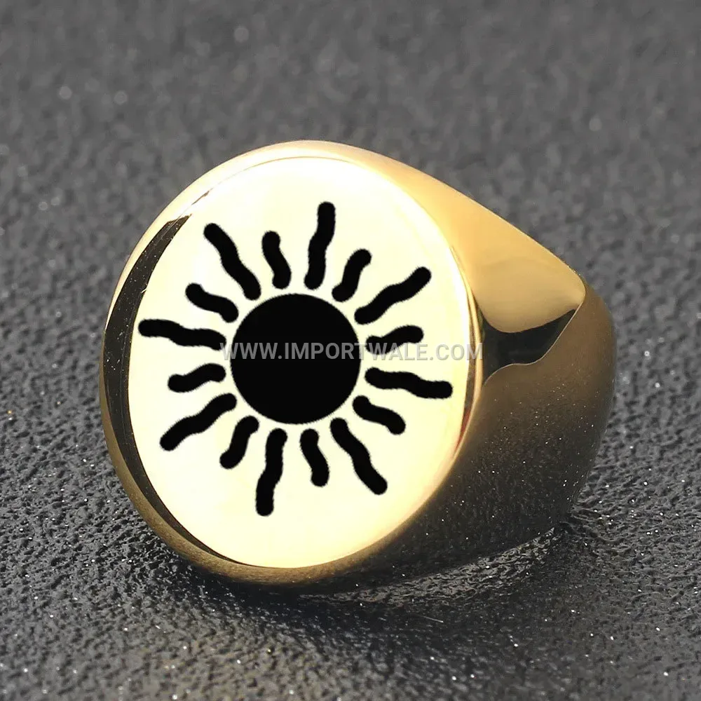 Engraved Burning Sun Stainless Steel Round Signet Ring