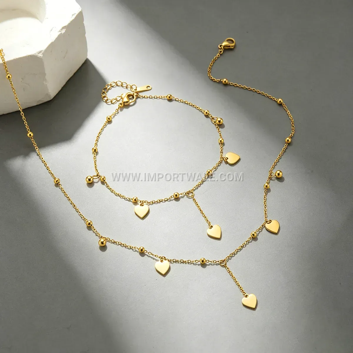 Stainless Steel Gold Tone Heart Tassel Anklet and Necklace Set