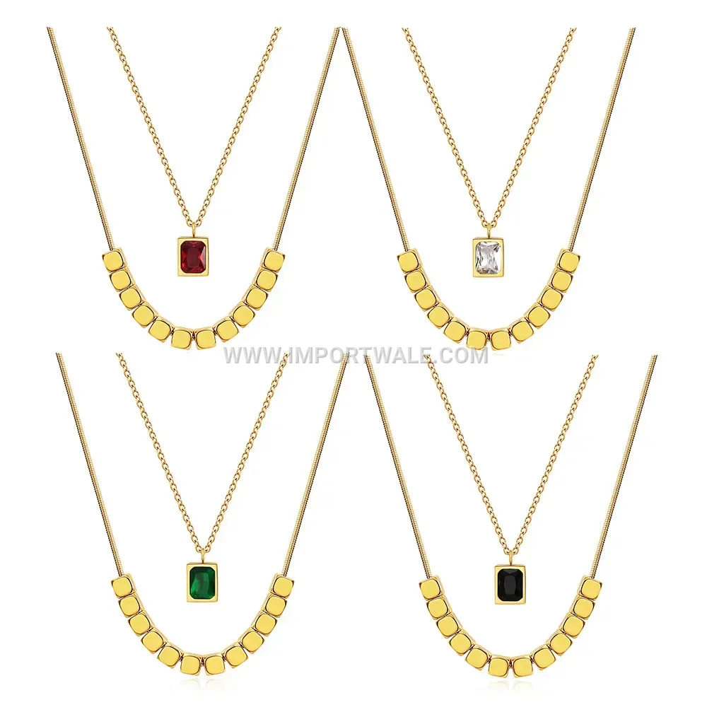 Layered Geometric Stainless Steel Cubic Zirconia Pendant Necklace