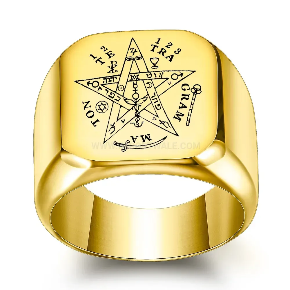 Trendy Engraved Star and Initial Stainless Steel Square Signet Ring