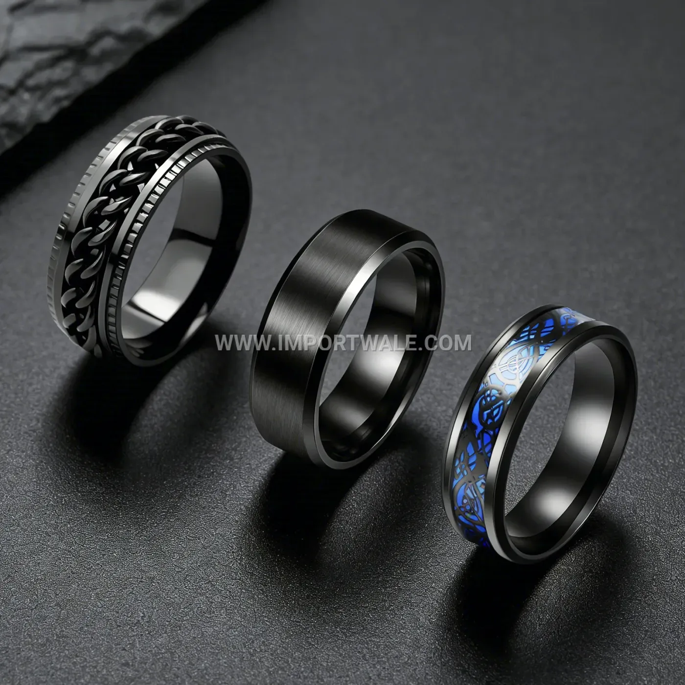 Black Spinner Chain Stainless Steel Geometric Ring Set