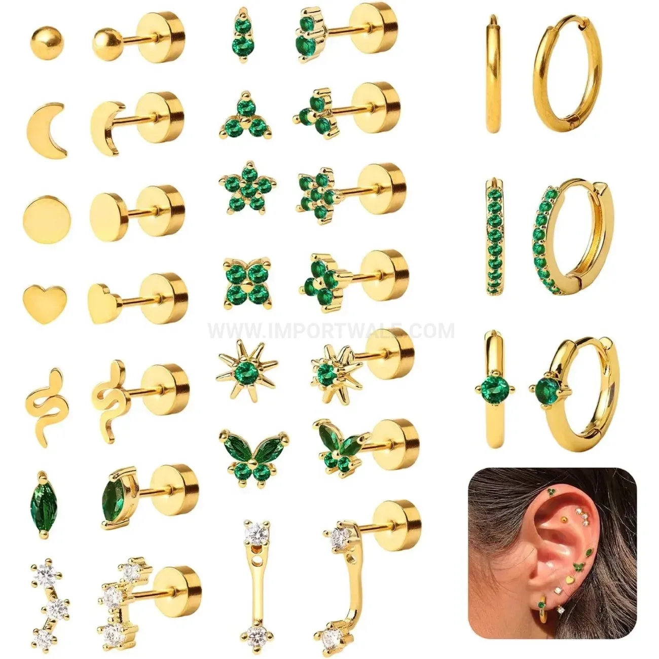 Stylish Stainless Steel Celestial Star Moon Rhinestone Cartilage Studs Set