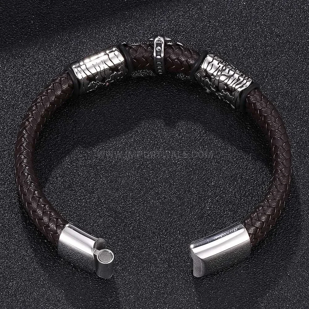 Handcrafted Leather Braided Bracelet with Vintage Stainless Steel Cross Clasp