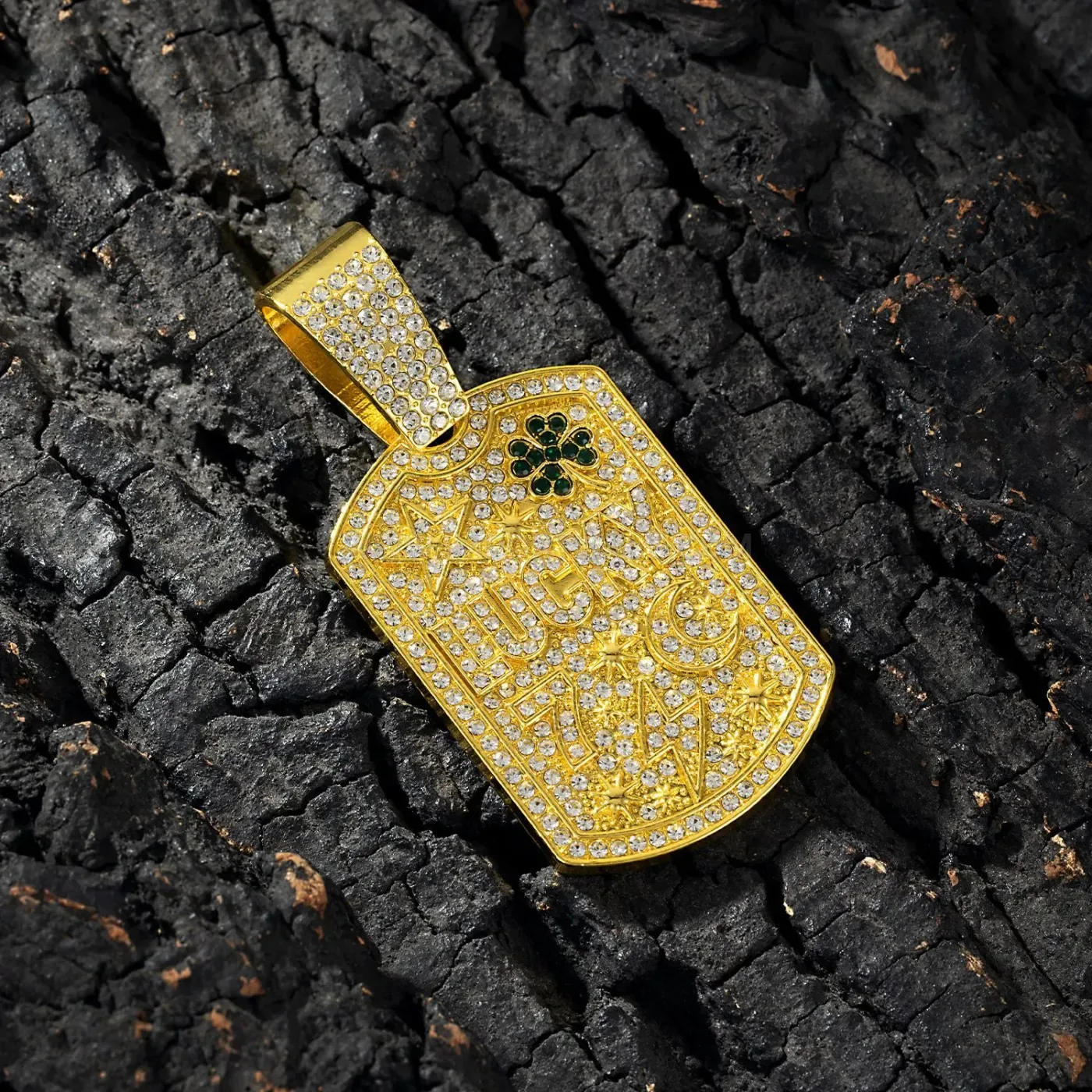 Full Crystal Four Leaf Clover Dog Tag Pendant