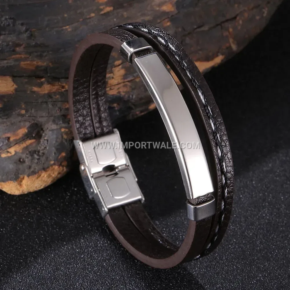 Woven Brown PU Leather Stainless Steel Accent Bangle