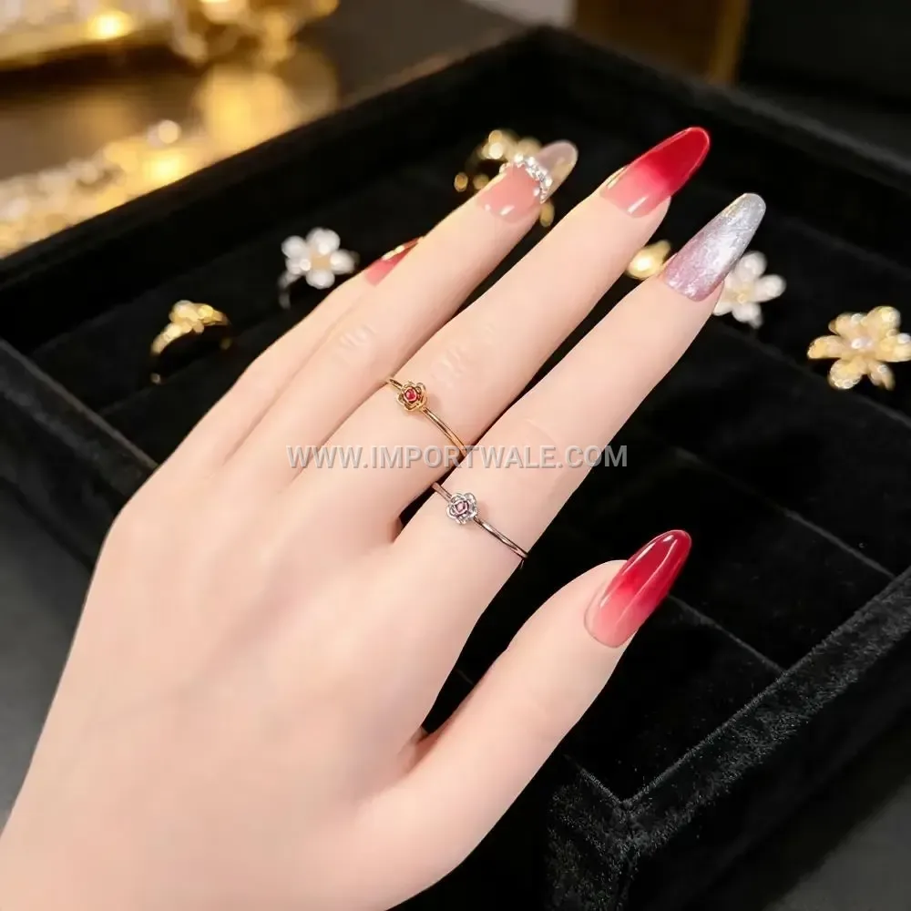 Rose Flower Rhinestone Open Stainless Steel Ring