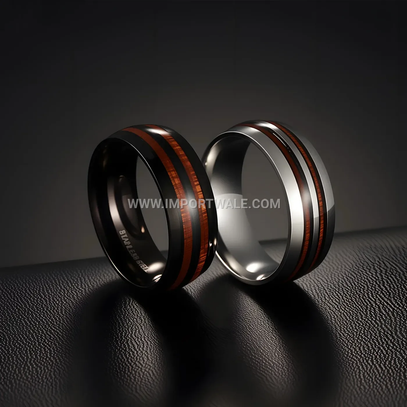 Stainless Steel Wood Inlay Double Groove Men's Ring