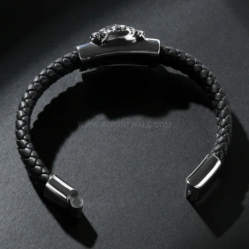 Elegant Demon Motif Stainless Steel Accent Wide Leather Band Bracelet